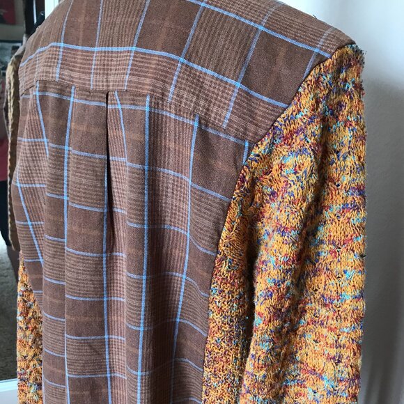 Upcycled Autumn Flannel Shirt, Sweater Sleeves, L: Plaid Button-Down Jacket - Picture 9 of 10